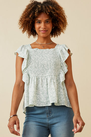 HY6134W Green Womens Ditsy Floral Smocked Ruffle Peplum Tank Front